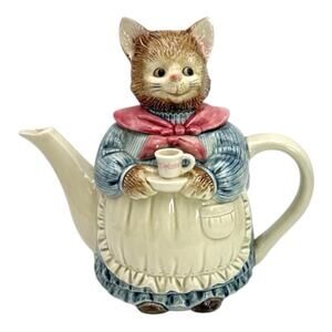Otagiri Cat Teapot Whiskers Figural Blue Dress Apron Tea Cup Japan 7.5in READ
